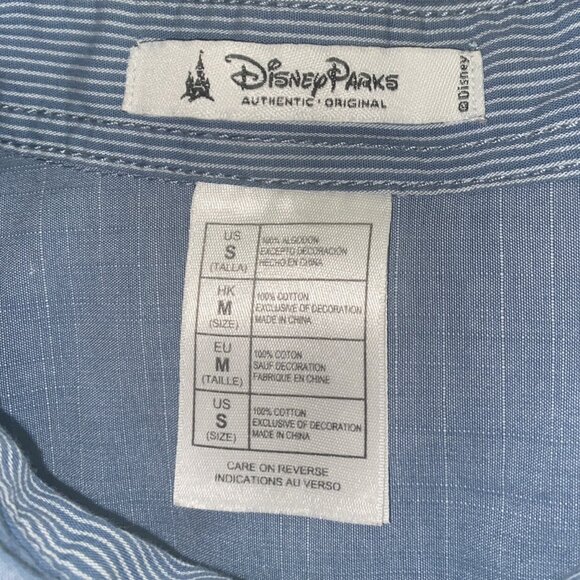 DISNEY PARKS AUTHENTIC WOMEN'S TOP SHORT SLEEVE BUTTON UP SMALL BLUE DENIM SNAP - Picture 3 of 7